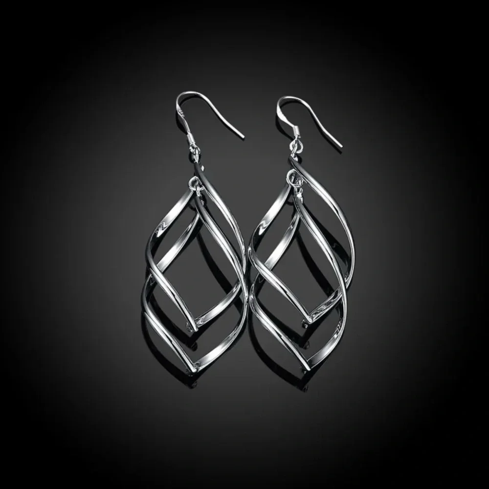 925 Sterling Silver Long Drop Hoop Earrings - Picture 4 of 5